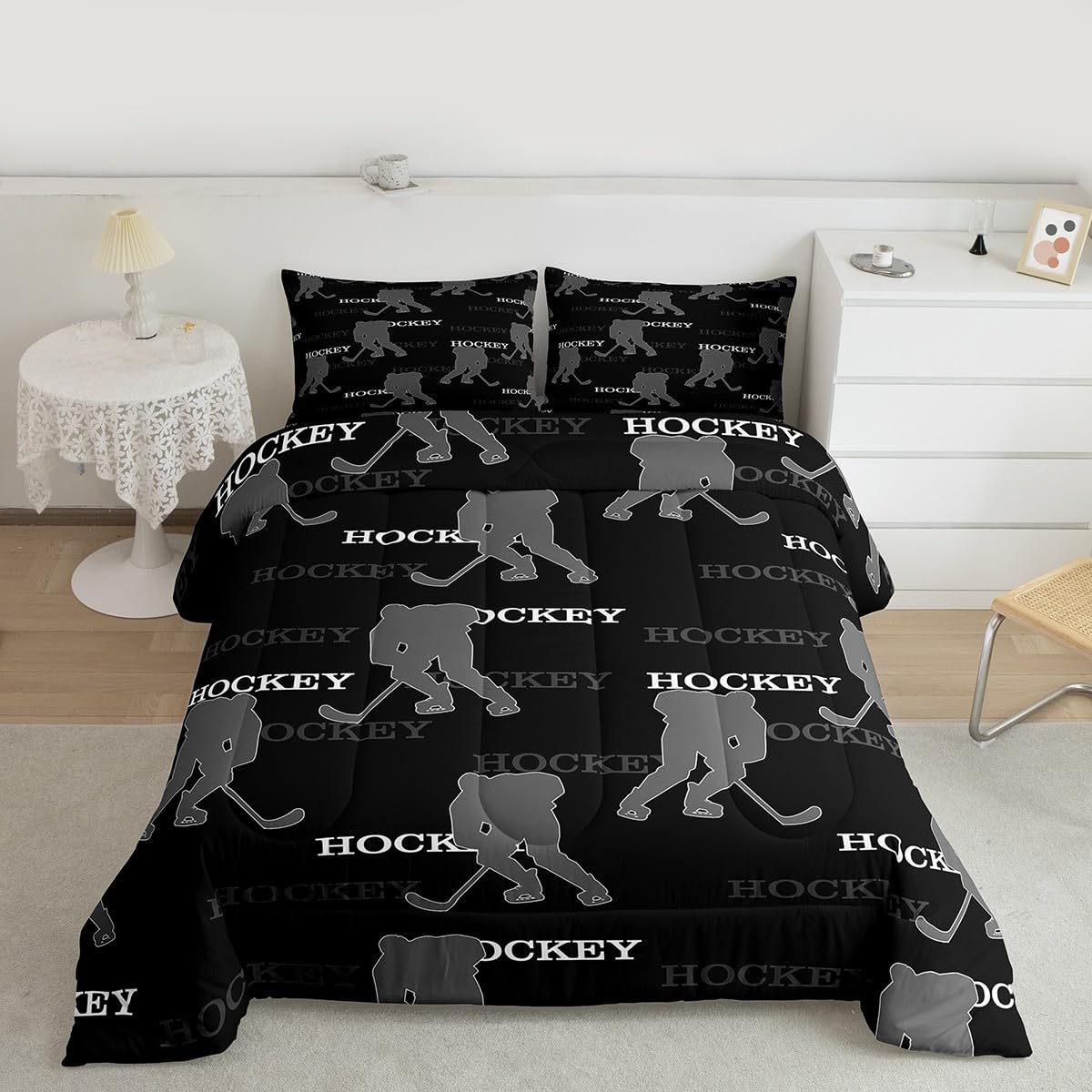 Ice Hockey Kids Bedding Set Queen Size, Comforter Set,Winter Sports Modern Quilt Comforter,Black Gray Bedroom Duvet Insert,2 Pillowcases