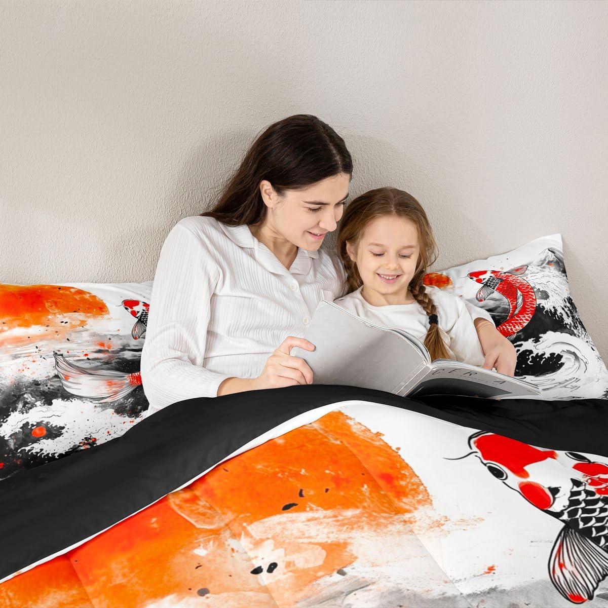 jejeloiu Wave Bedding Set Soft for Boys Girls, Japanese Style Comforter Set Queen Size Fish Duvet Quilt Microfiber Red Sun Bedroom Decor 3 Pcs with 2 Pillow Cases