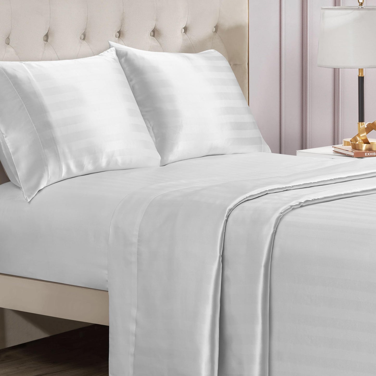 Juicy Couture Silky Satin Damask Sheet Set - Luxury White Bedding - Smooth Striped Sheets - Full Size