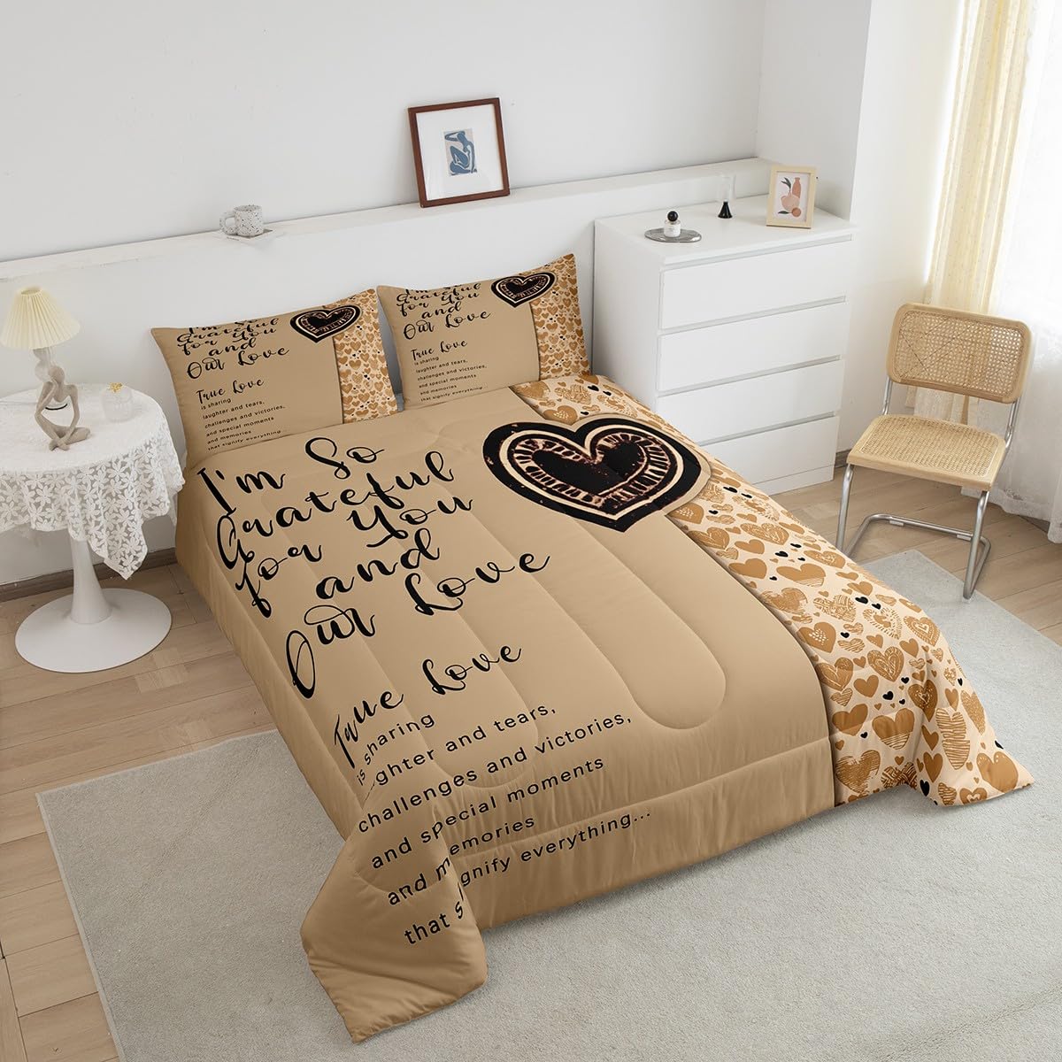 Erosebridal Romantic Motto Bedding Queen,Love Hearts Comforter Set for Lovers Couple,Valentine Gifts Down Comforter,True Love Bedding Comforter Sets for Wedding Engagement