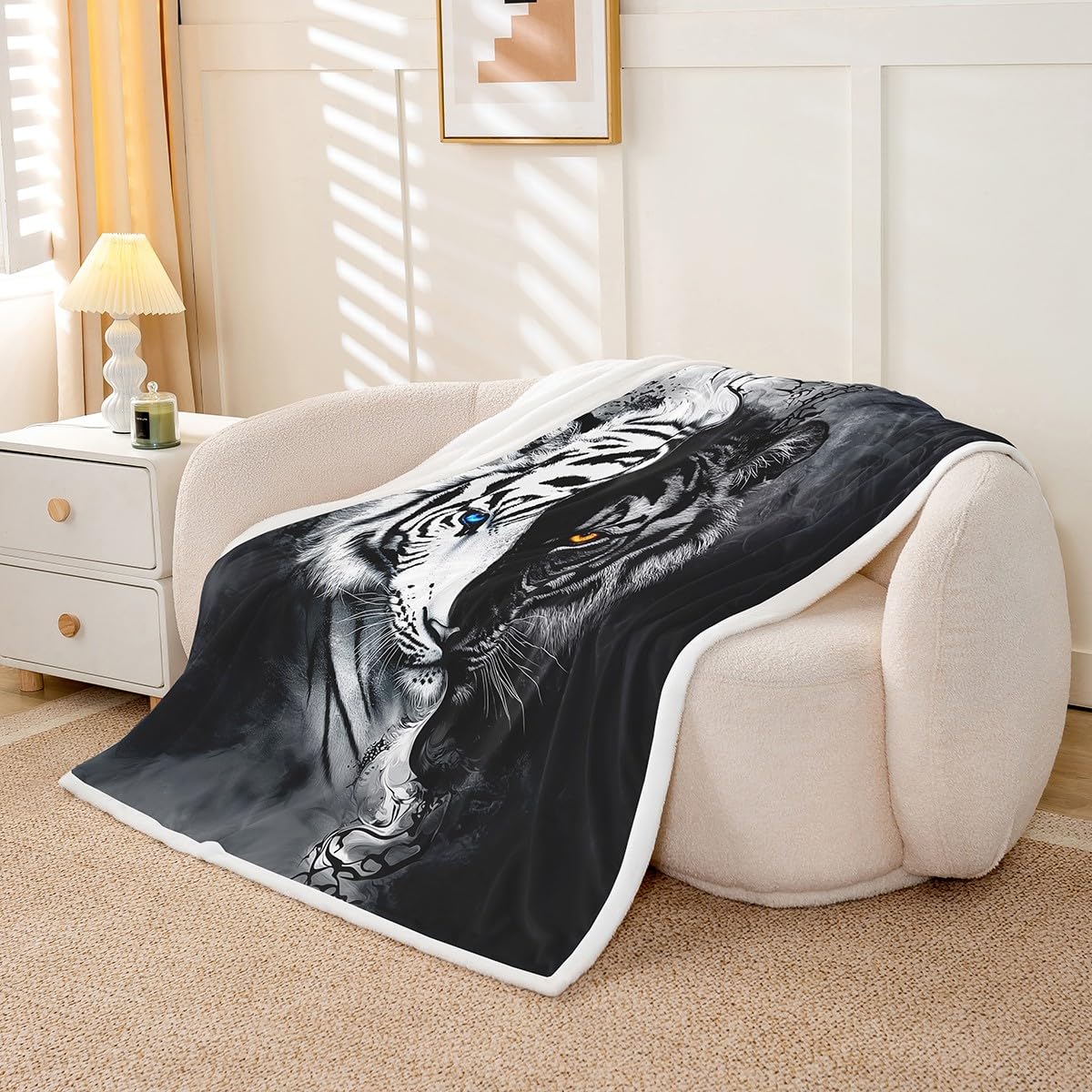 Erosebridal Tiger Fleece Blanket Twin Size African Safari Animal Sherpa Blanket Black and White Stripes Fuzzy Plush Throw 3D Wildlife Decor for Sofa Couch for Boys Adult Men Women