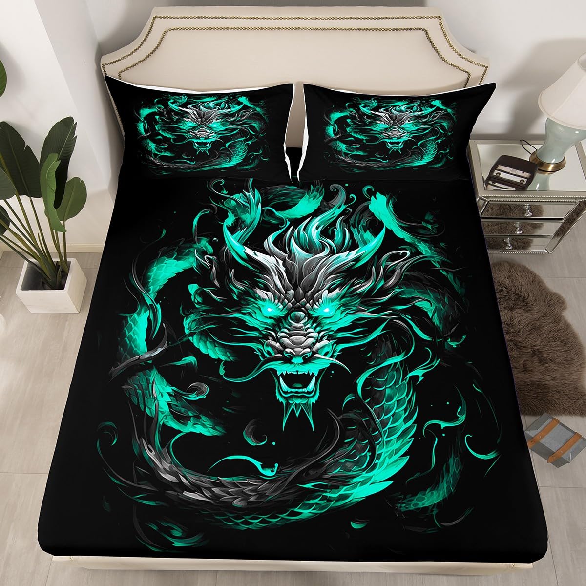 Dragon Fitted Sheet Queen Size,Blue Green Flame Dragon Bed Sheets for Kids Boys Men Adult Bedroom Decor,Magical Wildlife Animals Bedding Set Luxury Cool Deep Pocket Sheet 3Pcs,2 Pillowcases
