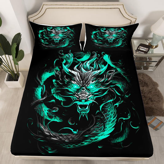 Dragon Fitted Sheet Queen Size,Blue Green Flame Dragon Bed Sheets for Kids Boys Men Adult Bedroom Decor,Magical Wildlife Animals Bedding Set Luxury Cool Deep Pocket Sheet 3Pcs,2 Pillowcases