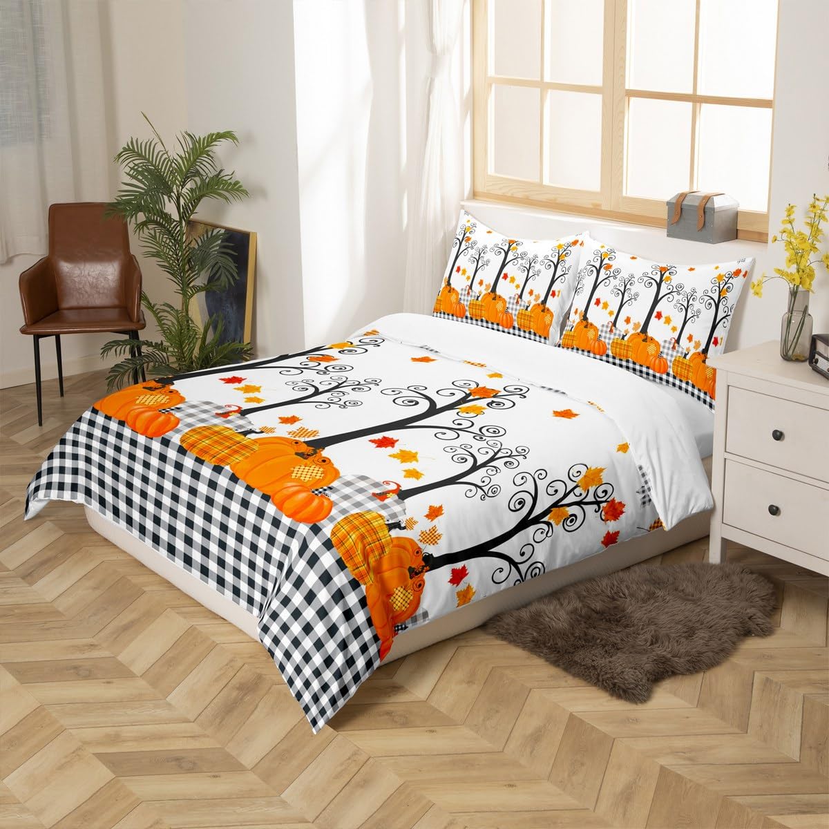 Pumpkin Autumn Duvet Cover Set King Size,Kids Adults Bedroom/Farm Halloween Decor,Black White Plaid Bedding Set,Maple Trees Fall Leaves Comforter Cover,Rustic Orange Quilt Cover,3pcs,2 Pillowcases