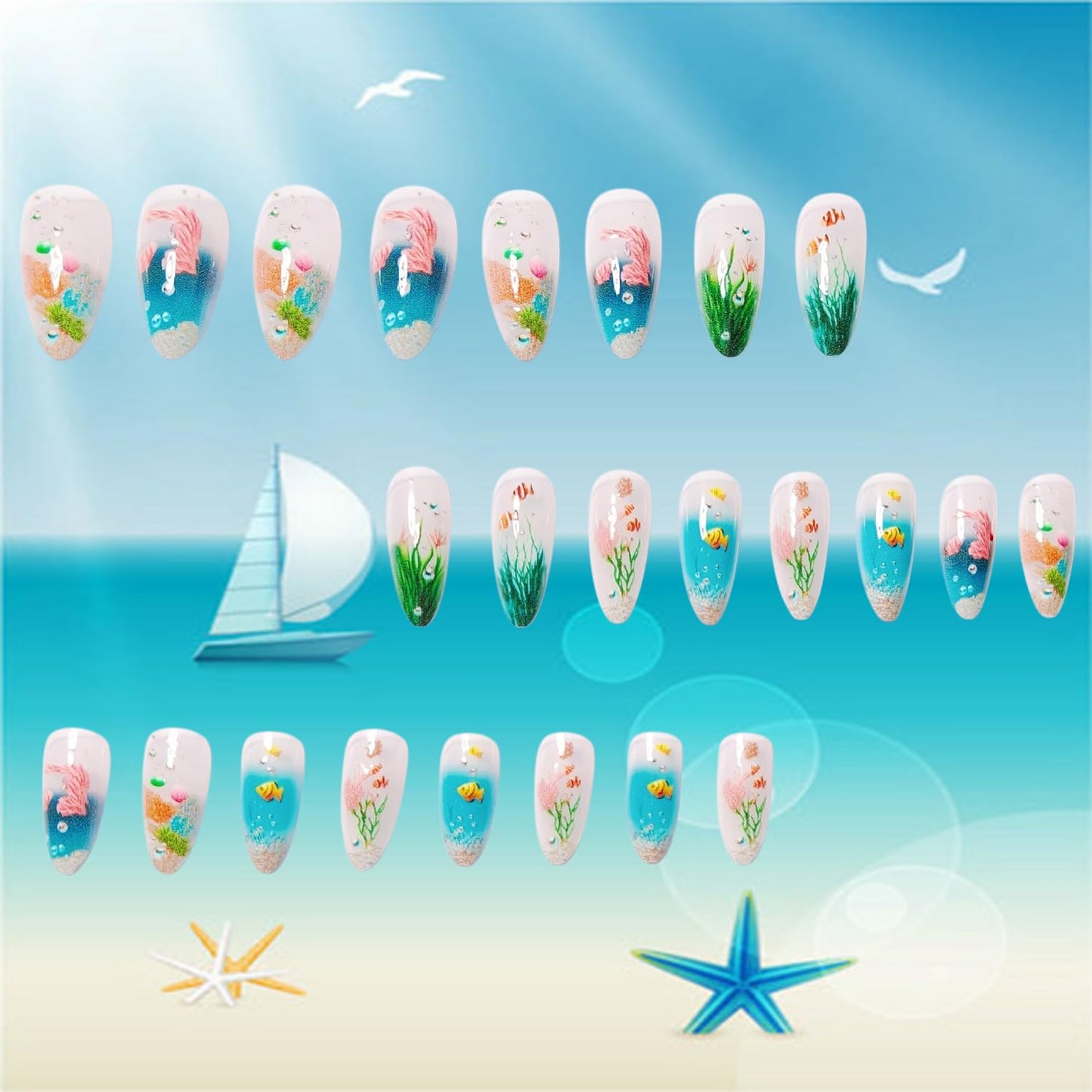 LOPMNGHT Press on Nails Long Length Almond Shaped Seaweed Fish Pattern Design Marine Life Fake Nail Full Cover Glossy Acrylic Artificial Fingernails Reusable French Tip Glue on Nails for Women 24Pcs