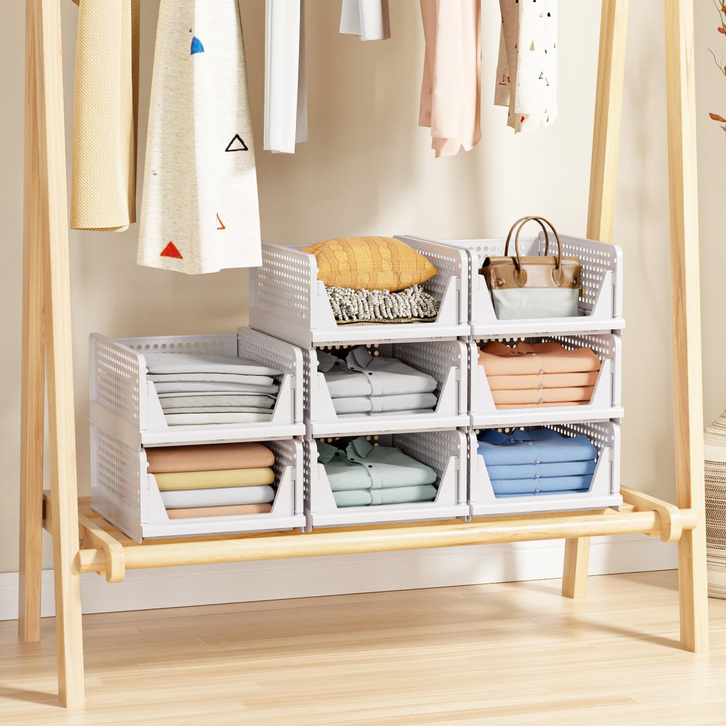 5 Pack Stackable Closet Storage Basket - Stackable Storage Bins, Multifunctional & Foldable Closet Organizer Waterproof, Wardrobe Cupboard Space-Saving Hat Storage Drawer Organizer, White