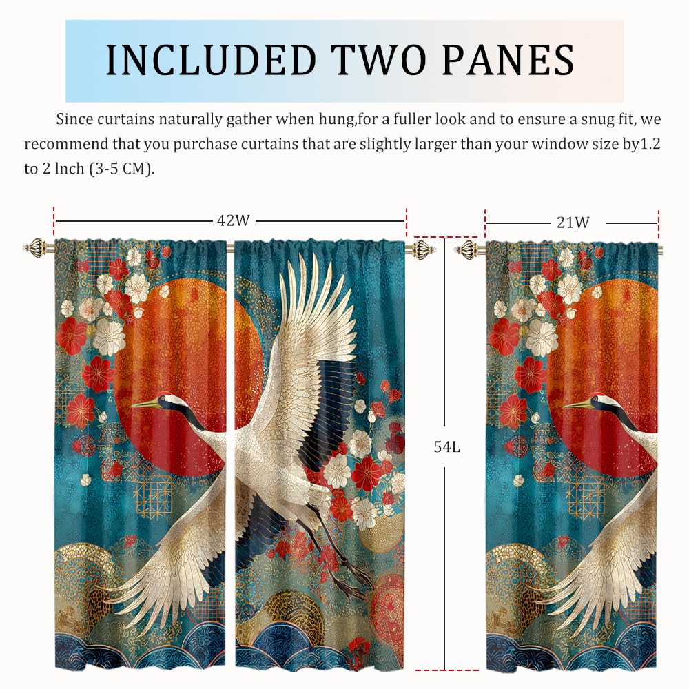 XSUPFLYM Colorful Abstract Japanese Crane Blackout Curtain for Living Room Beautiful Red Sun Animal Crane Cherry Blossom Great Waves Thermal Insulated Curtain for Bedroom 2 Panels Each 21" W x 54" L