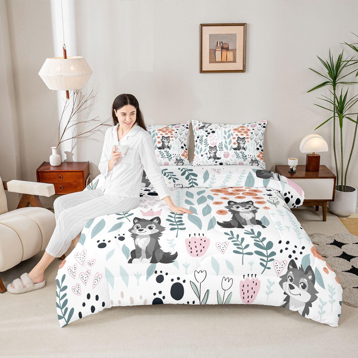 Erosebridal Kawaii Grey Wolf Bedding Set Twin Size,Wildlife Animals Wolf Comforter Set for Kids Girls Boys,Cute Love Heart Leaf Flower Comforter Set,Paw Print Quilt Bed Set with 1 Pillow Case