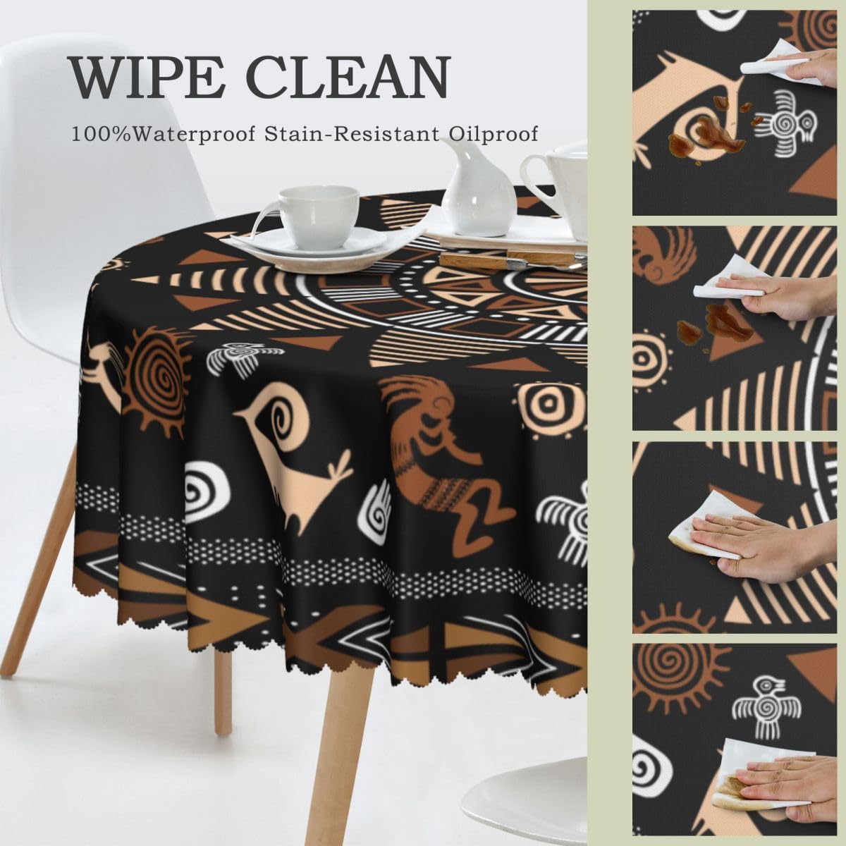 African Tribal Tablecloth, Traditional Ethnic Totems Rustic Abstract Geometric Pattern Print Water Resisitant Table Cover for Dining Kitchen Living Room Home Party Holiday Decor 36 inch Round
