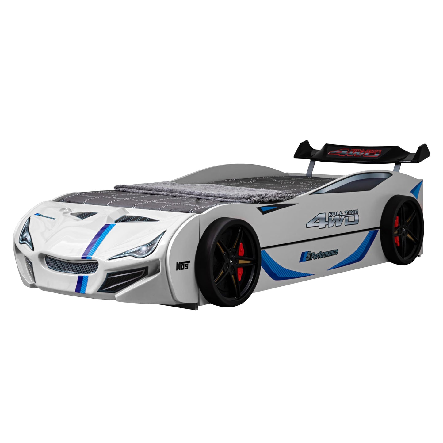 Furniture of America Redvers Modern Wood Twin-Size Kid Bed with Race Car Design and Pull-Out Trundle, No Box Spring Required for Toddler, Teens, Boys or Girls, White