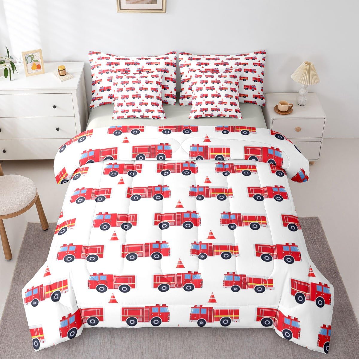Erosebridal Cartoon Fire Truck Twin 7 Pcs Bedding Set, Red Firemen Car Bed in A Bag, Fire Engine Comforter Set with Sheets for Kids Men Teens Boys Room Decor, White Bed Sets, Microfiber