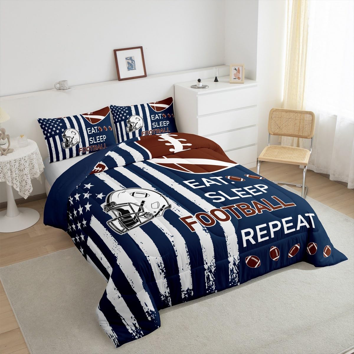 Feelyou Football Kids Boys Girls Bedding Set Queen Size Football City Themed Comforter Set Ultra Soft Rugby Helmet Comforter Flag Print Duvet Quilt Bedroom Decor Rugby Game Quilt
