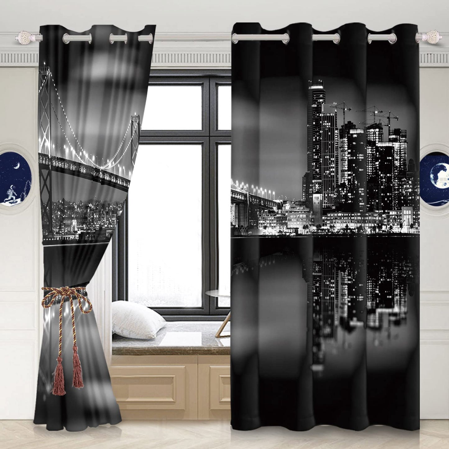 Umpoo City Night View Blackout Window Curtains San Francisco Urban Bridge Skyscrapers Black Scenery Window Drapes 2 Panels Set for Modern Living Room Bedroom Decor Window Treatment, 42x84 Inch