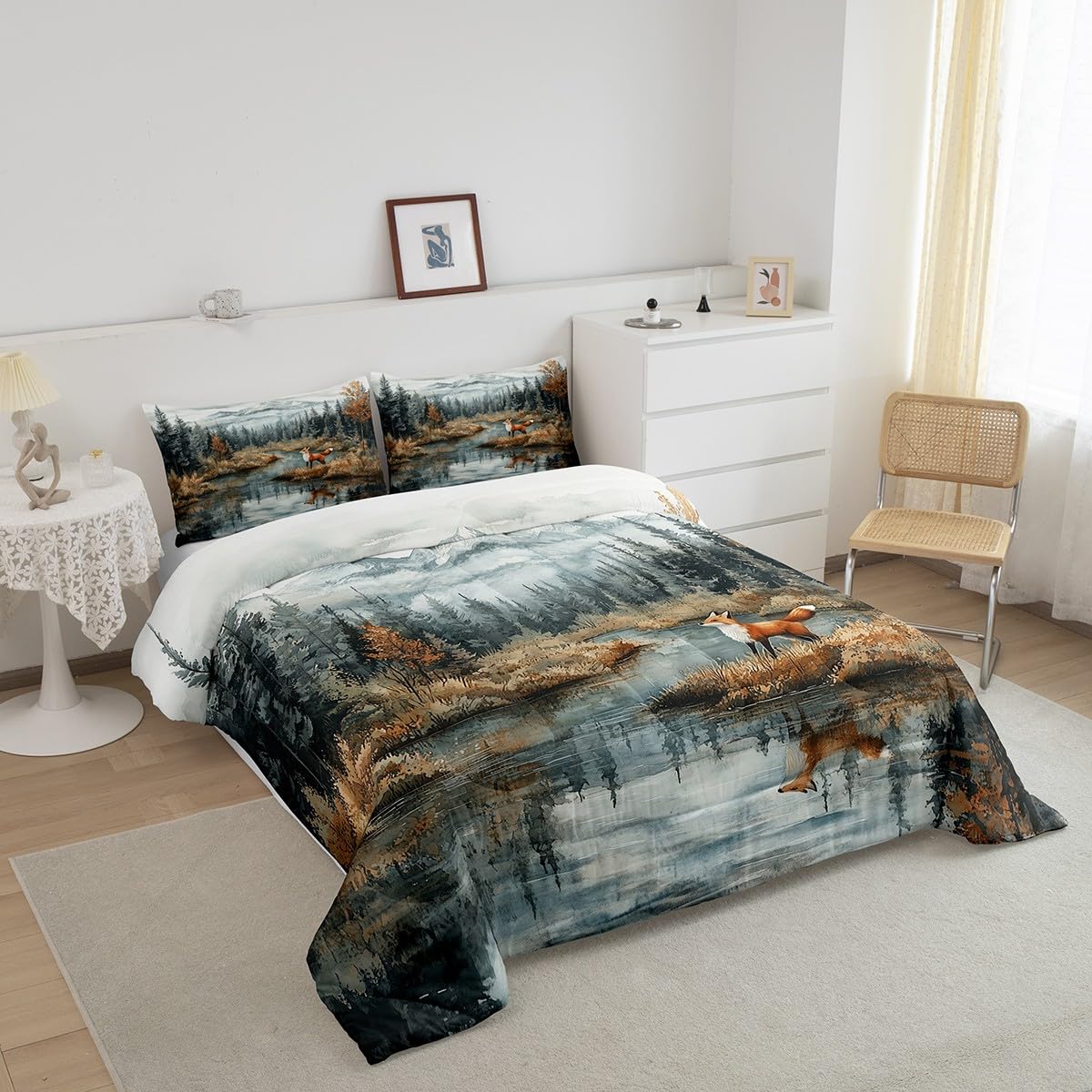 Fox Bedding Set Full Size,Tree Woodland Mountain Comforter Set for Kids Boys Girls Teens Room Decor,Lake House Nature Duvet Insert 3Pcs,Abstract Rustic Style Wild Animal Quilt Set,2 Pillowcases