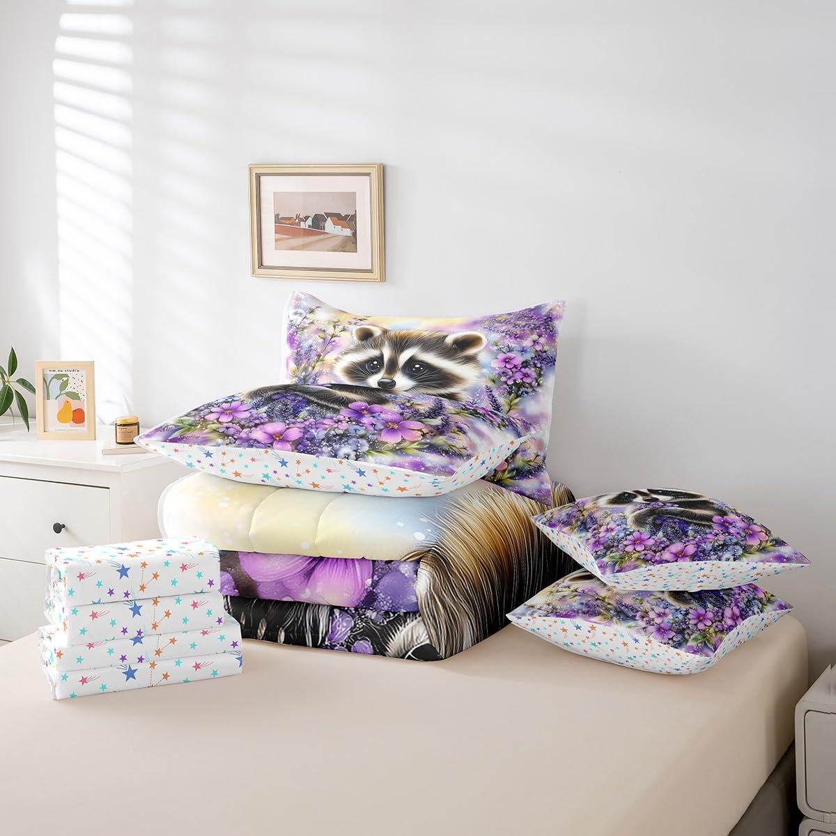 Feelyou Kids Raccoon Comforter Set with Sheets Queen Size, Cute Animal 7 Pieces Bedding Set Boys Girls Wild Animal Bed in A Bag Floral Flower Teens Bed Set Bedroom Decor 7Pcs