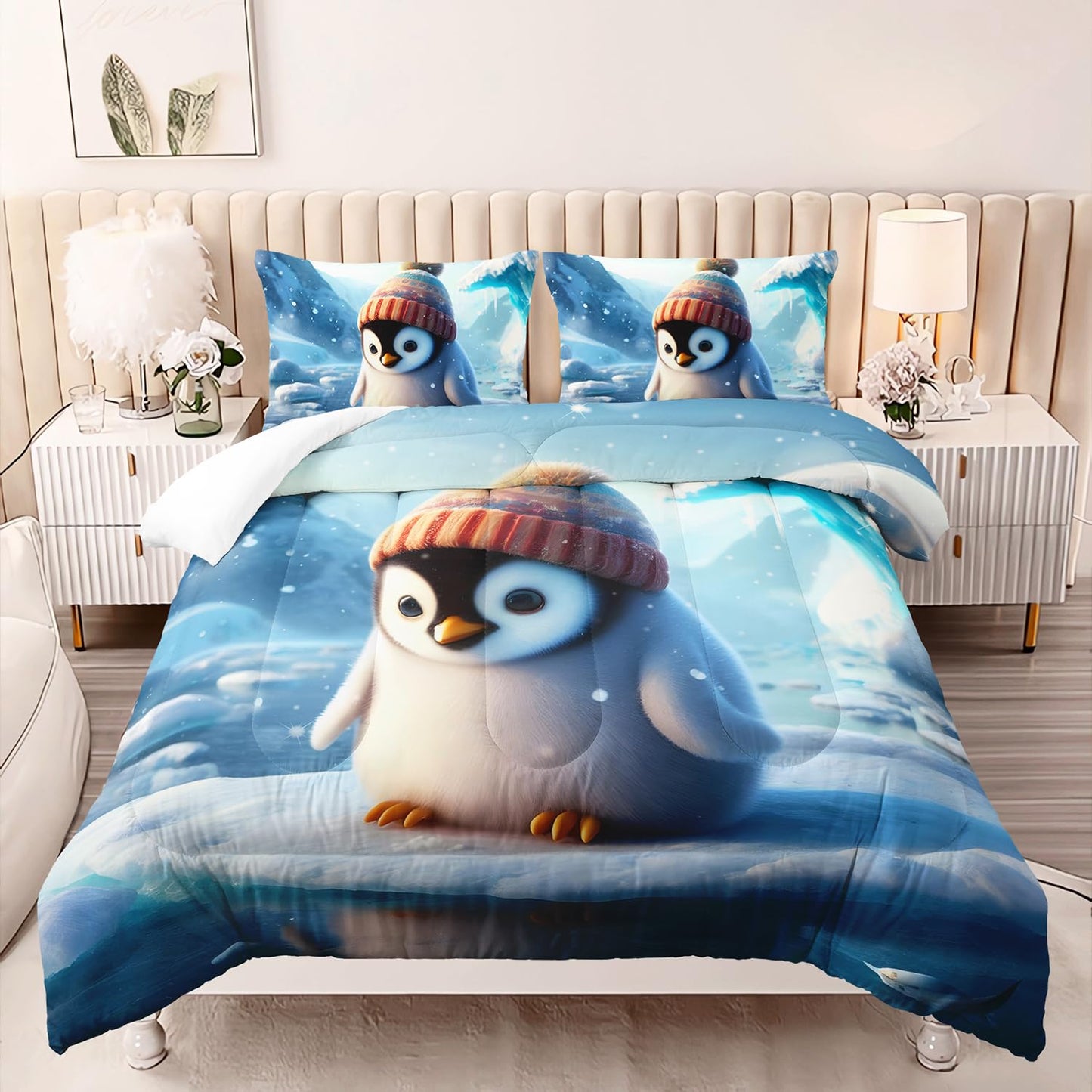 Kawaii Blue Penguin Comforter Set for Boys Kids,3 Pieces Cartoon Ice Penguin Bedding Set Queen Size Cute Penguin Lightweight Down Alternative Comforter with 1 Comforter 2 Pillowcase All Seasons