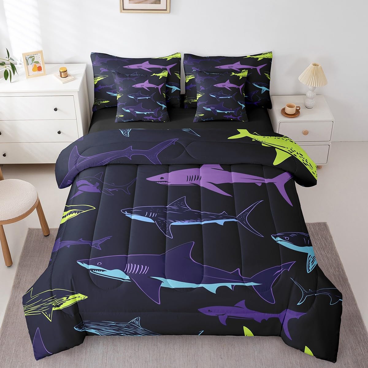 Erosebridal Shark Comforter Set 7 Piece Bed in a Bag Twin,Nautical Sea Animal Bedding Sets Ocean Decor Fish Comforter and Sheet Set,Coastal Sealife Bed Set