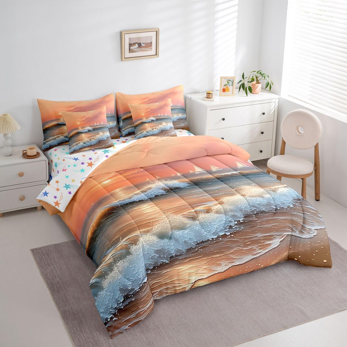 Erosebridal Ocean Sunset Sailboat Queen Bedding Set Pastel Coastal Comforter Set Kids Adults Wave Sand Tropical Summer 7-Piece Bed in a Bag Soft Watercolor Beach Nautical Quilt Sets