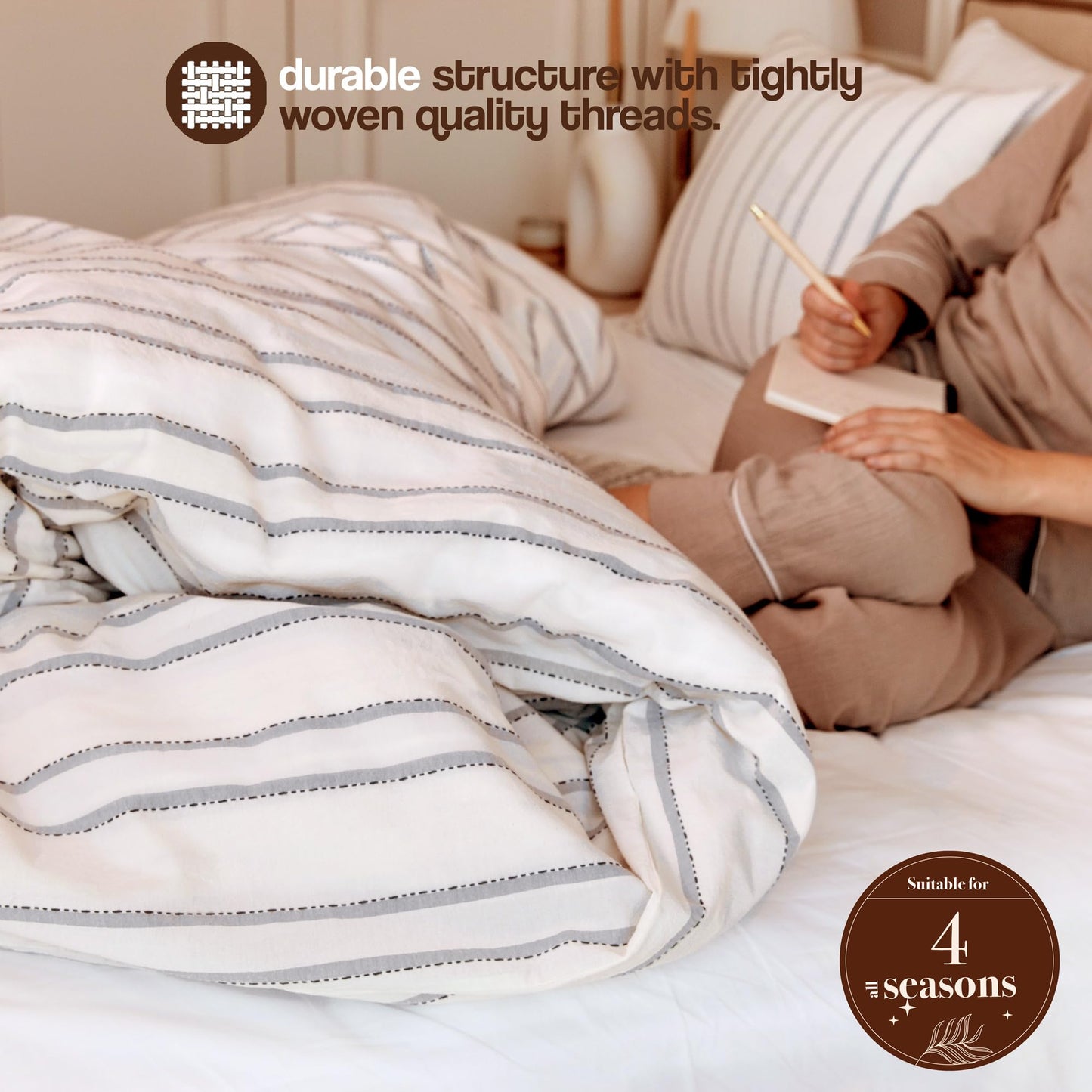 Lavien Home, 100% Cotton Duvet Cover Set, Striped with Stitch Pattern Queen Size, 3-Piece Linen Like and Washed Natural Turkish Cotton Bedding, Antique White (Hiera, Queen 90”x90”)