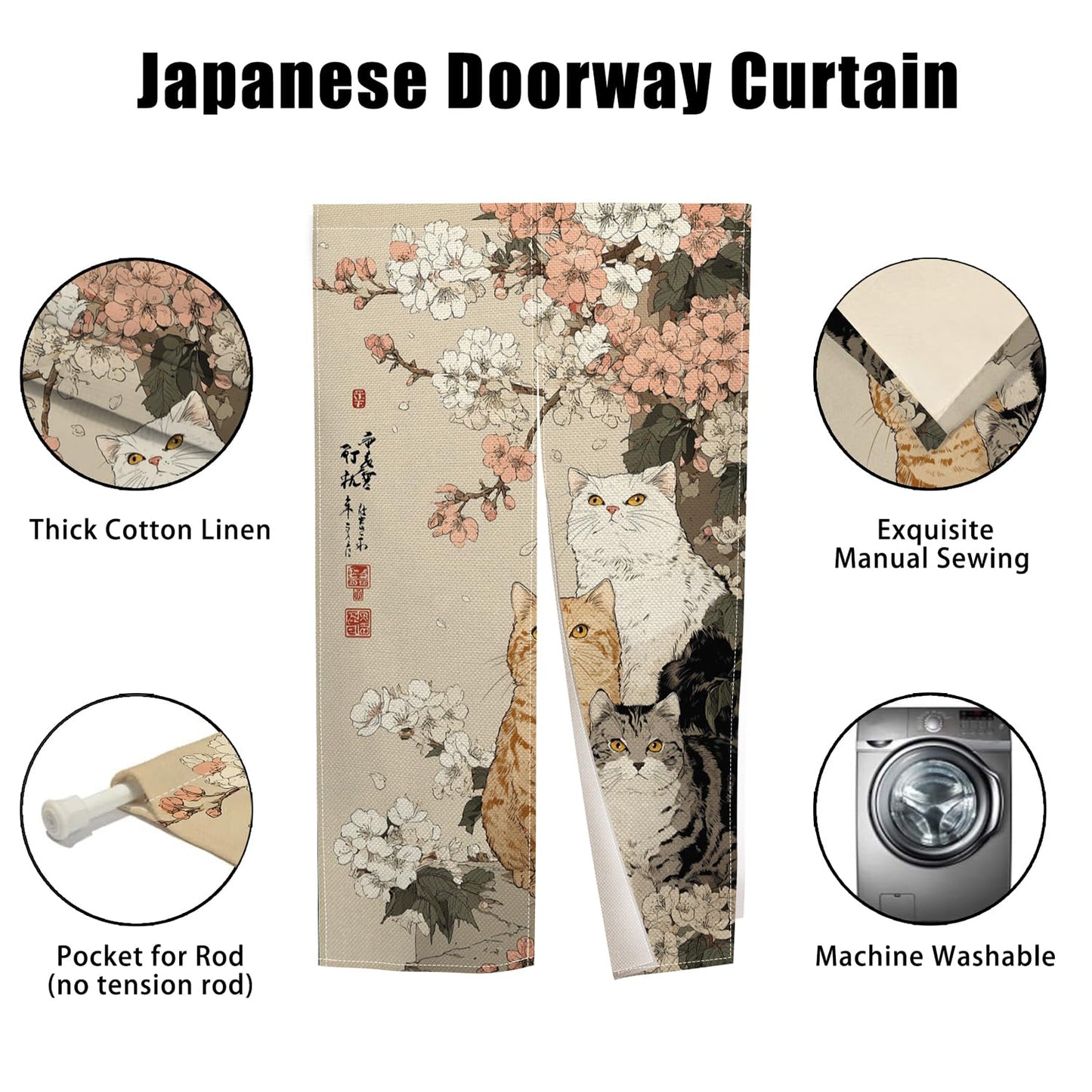 Leowefowa Noren Japanese Doorway Curtain Cat with Cherry Blossom Traditional Chinese Printed Door Curtains Retro Floral Animal Window Treatment Panel for Room Divider Home Kitchen Decor, 33.5x59inch