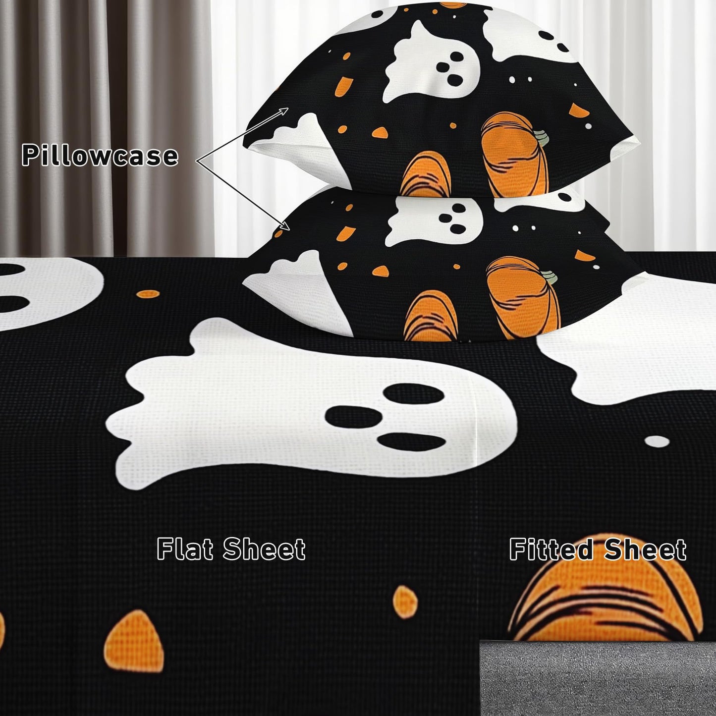 Halloween Sheets Twin Size - Cartoon Ghost Pumpkin Bed Sheet Set - Deep Pocket Soft Microfiber Bedding Set 3 Piece - Fitted Flat Sheet Pillowcase - Halloween Bedroom Decor & Gifts
