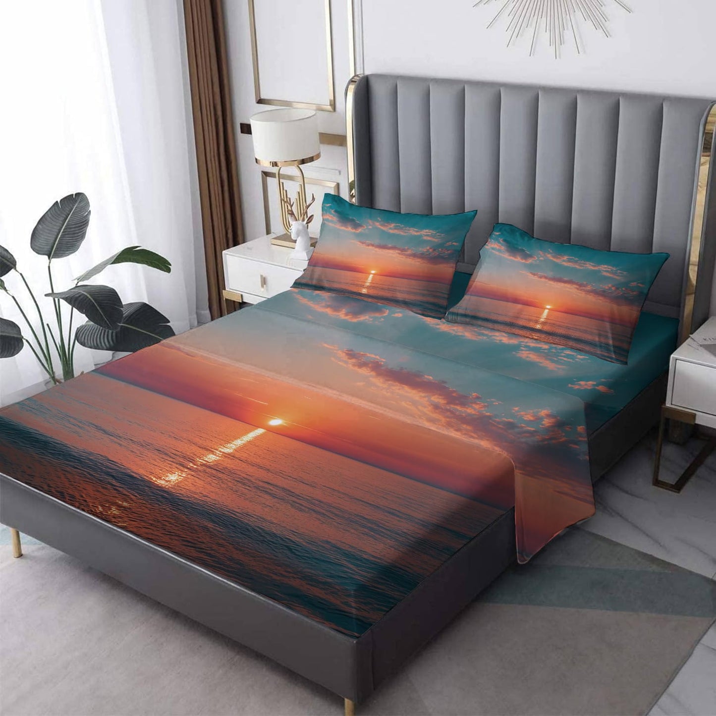 NOGAWA Sunset Sea Sheets King Size, Ocean Landscape Bed Sheets, Patterned Bedding Sheets & Pillowcases 4 Piece Set - Soft Microfiber Deep Pocket Fitted Sheet & Flat Sheet & 2 Pillow Cases