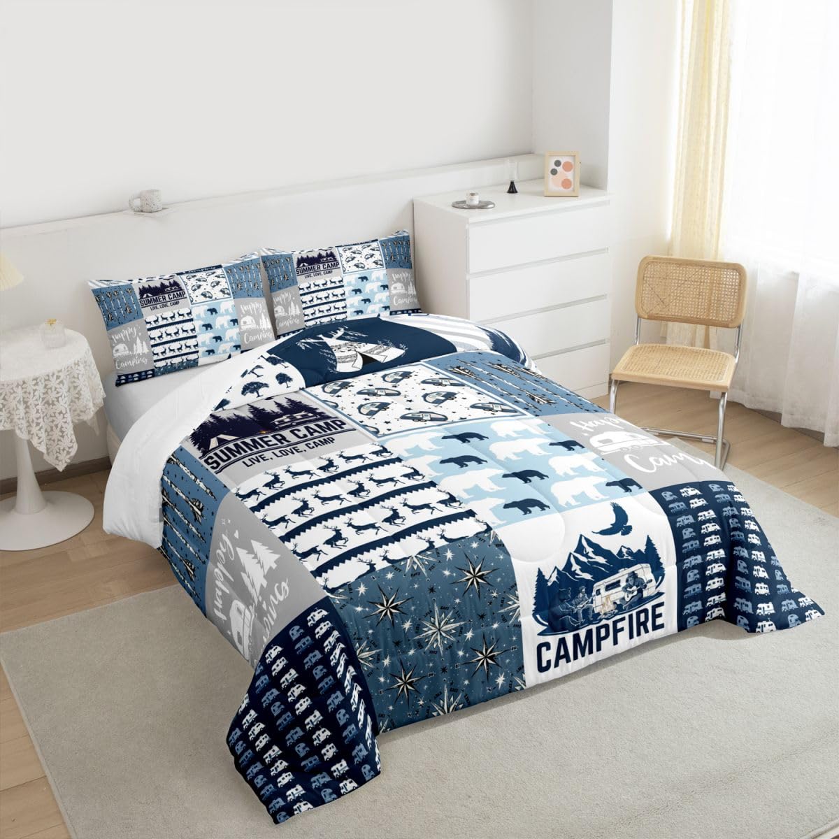 Erosebridal Happy Camping Bedding Set Queen Size for Boys Kids Teens, Camper Duvet Insert, Rustic Farmhouse Style Comforter Set, Sketch Drawing Camper Bedding, Camping Car Down Comforter, Blue
