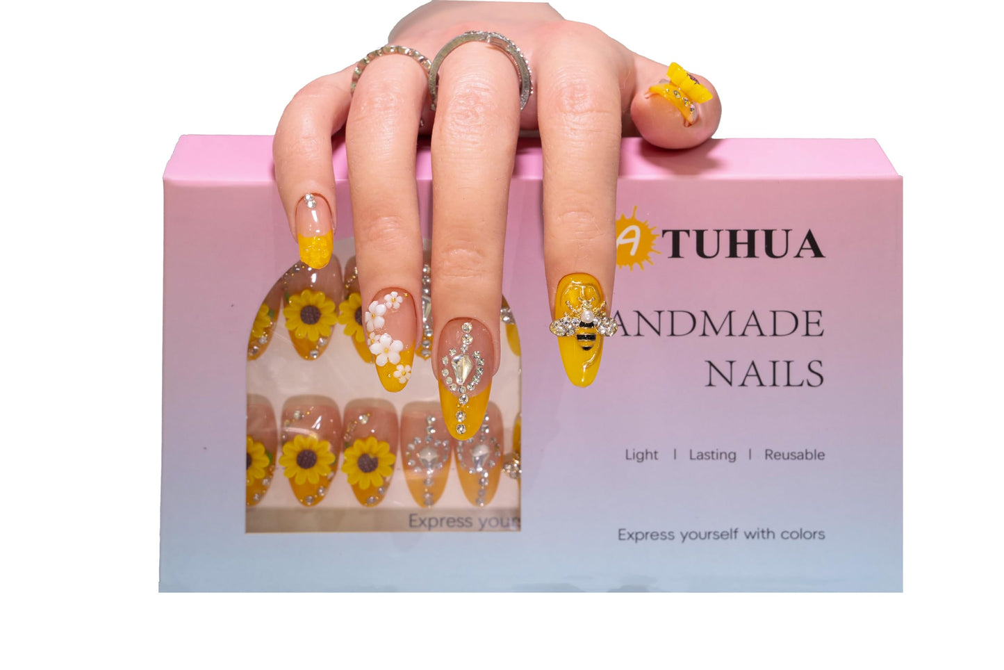 24Pcs Handmade Press on Nails,3D Sunflower Medium Length Almond Shape Fake Nails with Full Covered White Flowers,Cute Manicure Kit for Women and Girls