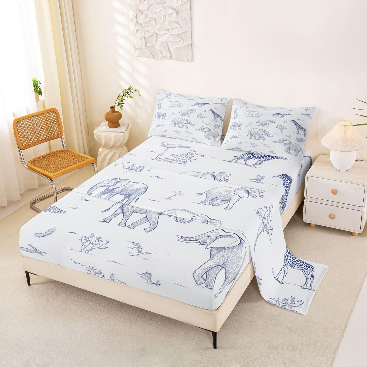 Erosebridal Jungle Animals Bed Sheets Full Cartoon Kawaii Sheet Set for Kids Boys Girls Hunter Brown Rust Wildlife Sheets Elephant Lion Giraffe Animal Flat Fitted Sheet 3 Pcs