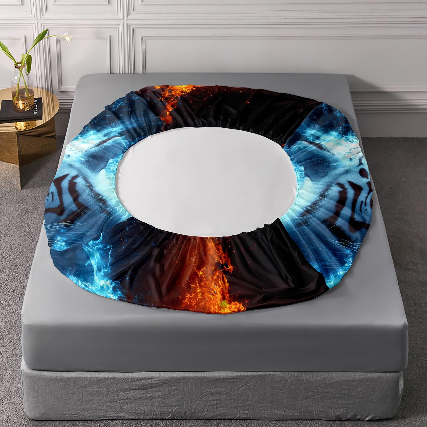 AILONEN Red Blue Fire Tiger Fitted Sheet Set Queen,Forest Wild Animal Deep Pocket Sheets with 2 Pillowcases,3D Tigers Printed Black Bed Sheet Set for Boys Girls,3-Piece