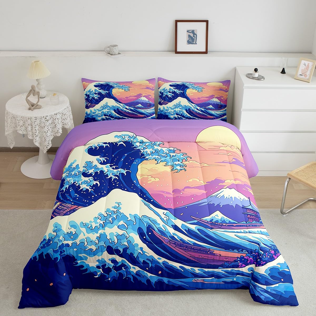 Feelyou Japanese Wave Bedding Set for Kids Boys Girls Queen Size Fuji Mountain Comforter Set Ultra Soft Japanese Style Comforter Sunset Duvet Quilt Bedroom Decor Ocean Wave Quilt