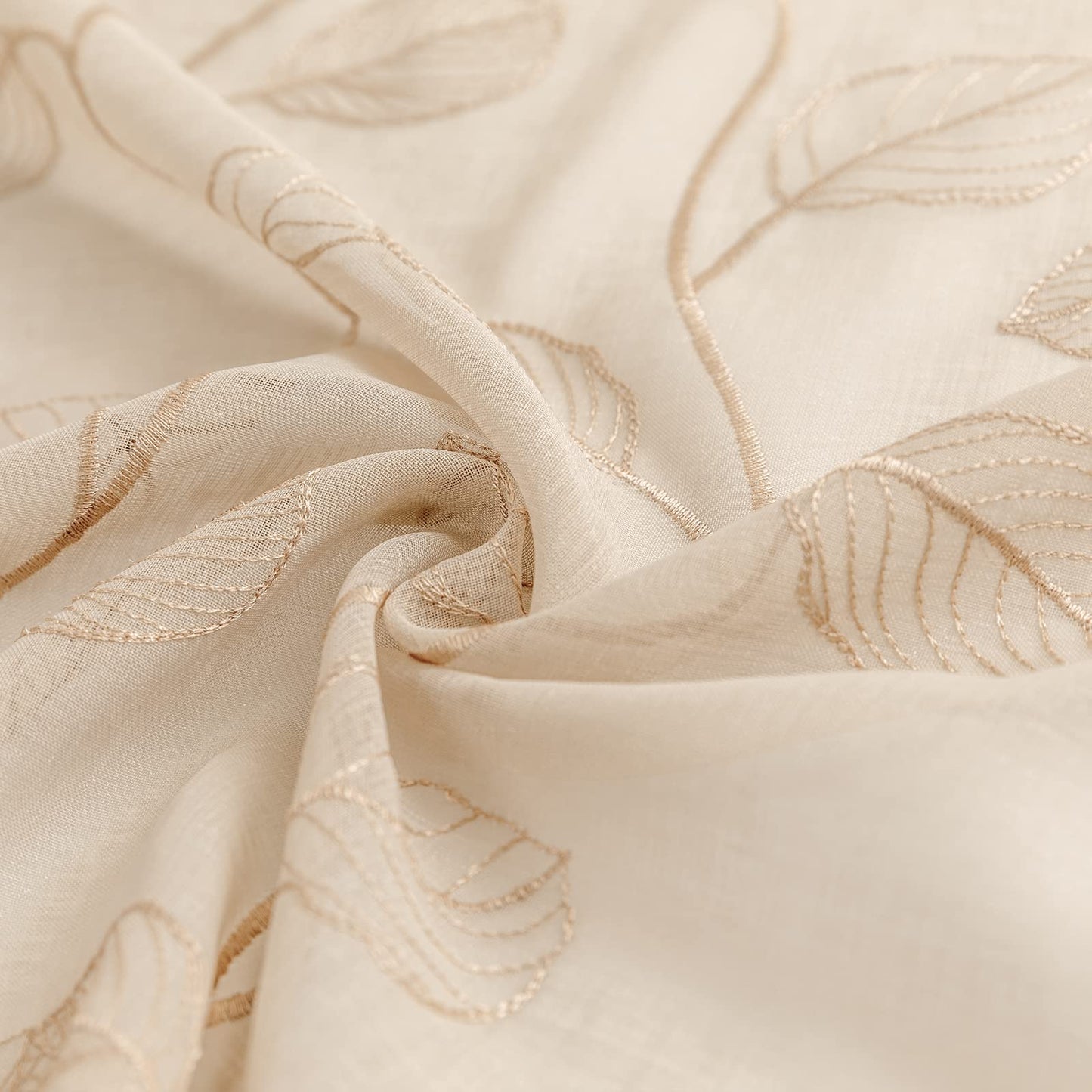 Topick Beige Sheer Leaf Curtain Kitchen Valance for Windows Leaf Embroidered Voile Small Curtain Valance Semi Sheer Farmhouse Curtain 16 Inch Rod Pocket 1 Panel Beige