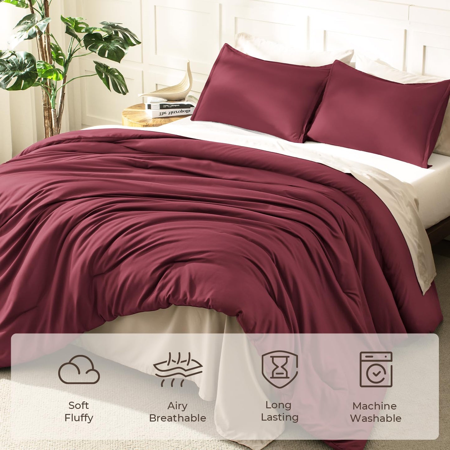 Litanika Burgundy Red Comforter Set King Size, 3 Pieces Lightweight Solid Bedding Comforter Set, All Season Fluffy Bed Set (104x90In Comforter & 2 Pillowcases)