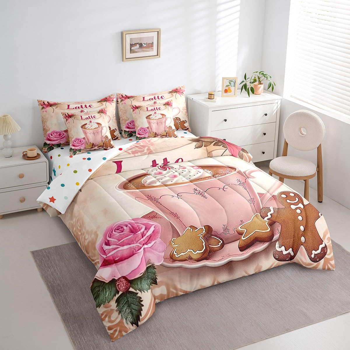 Erosebridal Girls Latte Bedding Set for Kids Teens,Pink Bowknot Roses Comforter Set Full Size,Delicious Dessert (Comforter+Fitted+Flat Sheet+2 Pillowcases+2 Throw Pillow Covers) 7 Pieces Bed Set