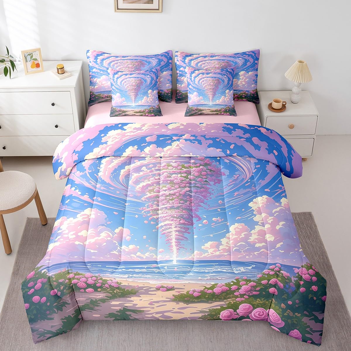 Erosebridal Sea of Floral Comforter Set Queen,Romantic Storm Tornado Bedding Set 7Pcs for Kids Girls Women,Summer Pink Cloud Quilt,Geometric Hurricane Tornadoes Bed in a Bag