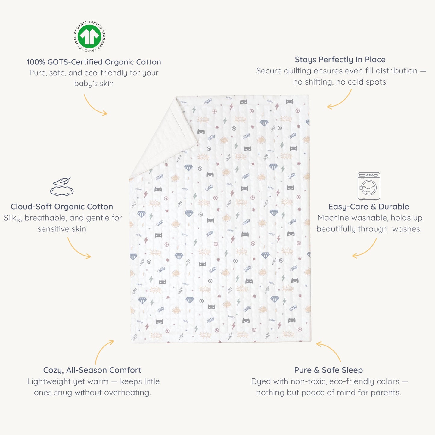 MakeMake Organics Organic Baby Comforter GOTS Certified Organic Kids Blanket Cotton Infill Tufted - Reversible Ultra Soft Breathable Boys Girls Superheros (30"x40", Mighty Heros)