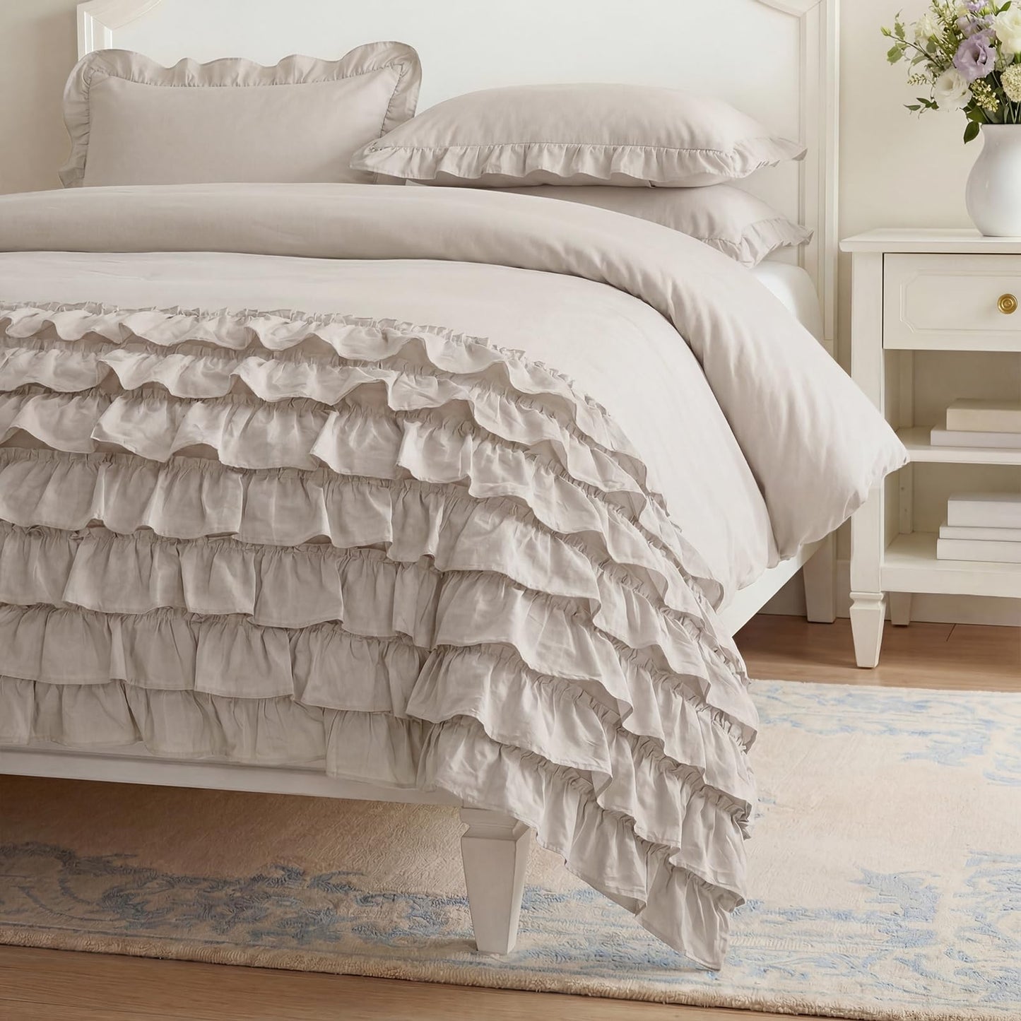 Bedorm 100% Cotton Duvet Cover Set King Beige Ruffle Bedding Set Multi-Layers Ruffled Design Shabby Chic Duvet Cover 3Pcs Soft Breathable Cotton Bed Set