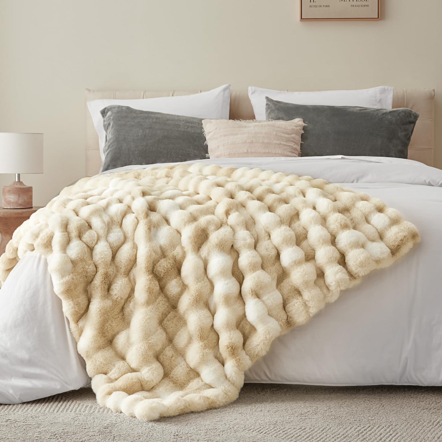 BEDELITE Faux Fur Throw Blanket for Couch, Decorative Tie-Dye Khaki Plush Bubble Blanket - Super Soft & Cozy Fluffy Faux Rabbit Fur Blanket for Women Gift, 50x60 Inches