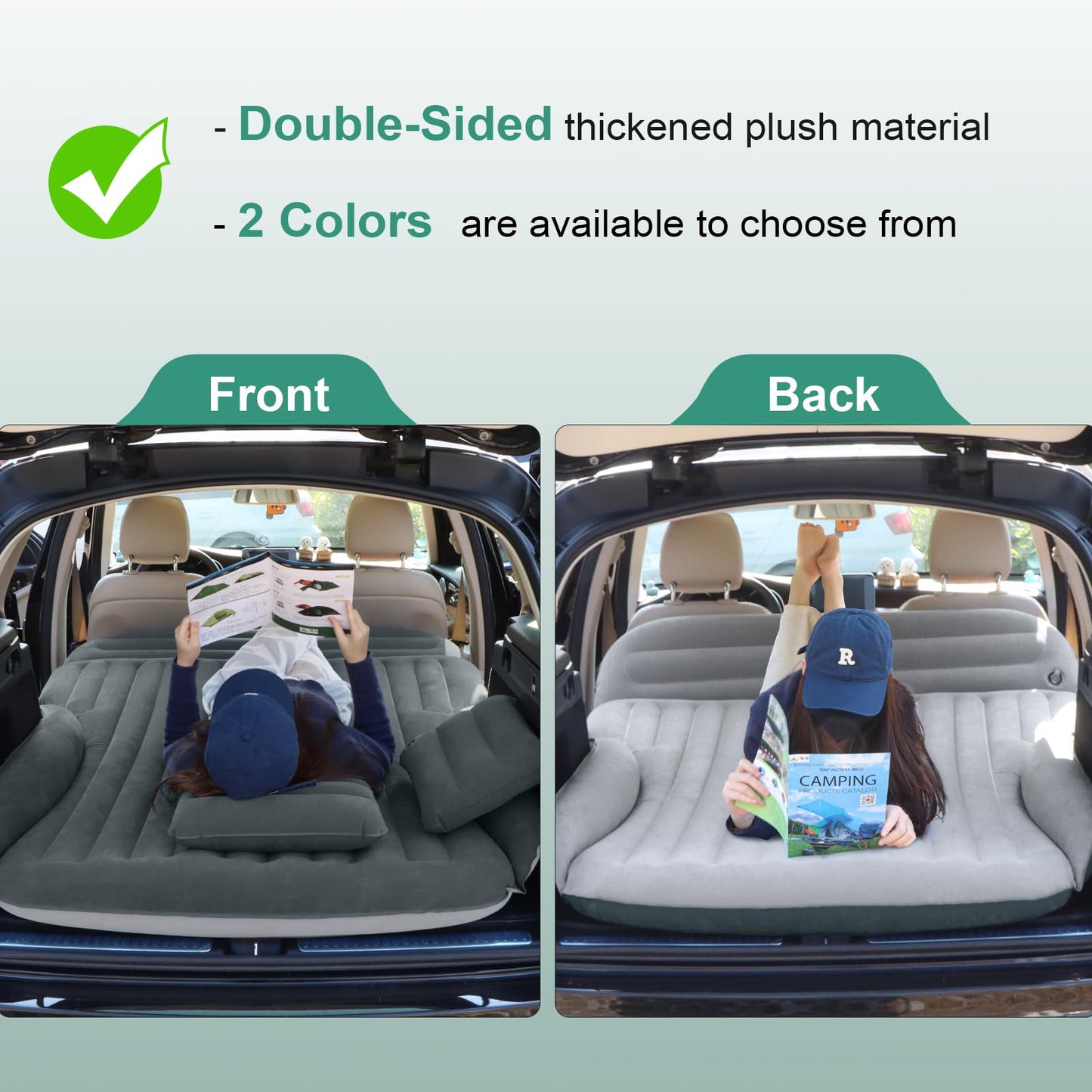 Ciremiv SUV Air Mattress, Double-Sided Thick Flocked Car Air Mattress with Built-in Pump & Pillow, Complete Sleeping Accessories for Auto Camping & Road Trips（Green+Charcoal）