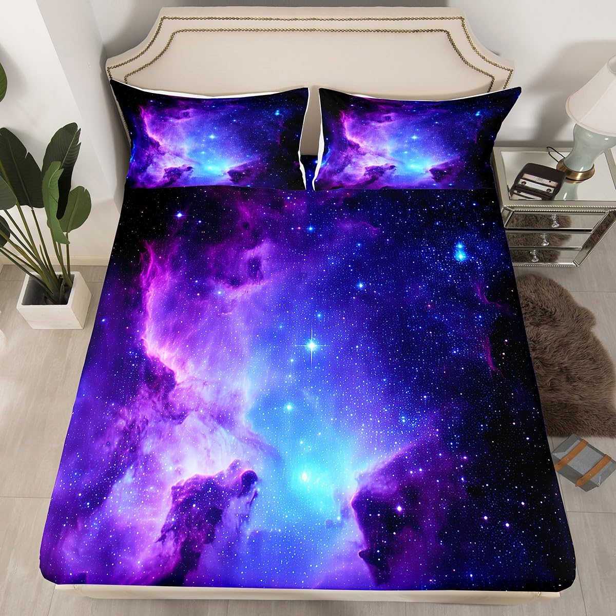 Galaxy Bedding Set Twin Size for Kids Boys Girls Starry Sky Bed Sheet Set Outer Space Cosmos Universe Bed Cover with 1 Pillow Shams Ultra Soft Teens Blue Purple Milky Way Fitted Sheet (No Flat Sheet)