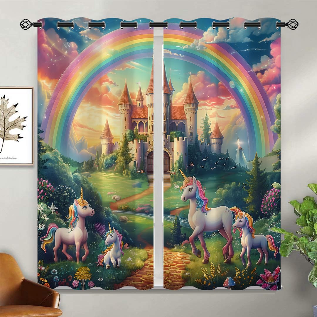 XINBADU Castle Blackout Curtains for Girls Boy Home Decor, Rainbow Unicorn Fairy Tale World Grommet Thermal Insulated Drapes Darkening Window Curtain for Bedroom Living Room, 42 x 45 Inch