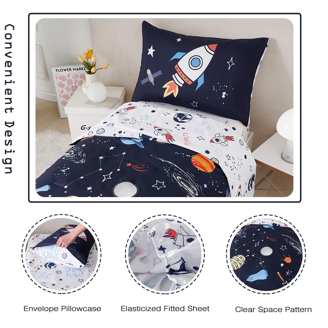 PERFEMET 4 Pcs Toddler Bedding Dark Blue Outer Space Printed Toddler Bed Set with Sheets Reversible Planet Rocket Pattern Bed in a Bag for Toddlers(Dark Blue, Planet/Rocket)