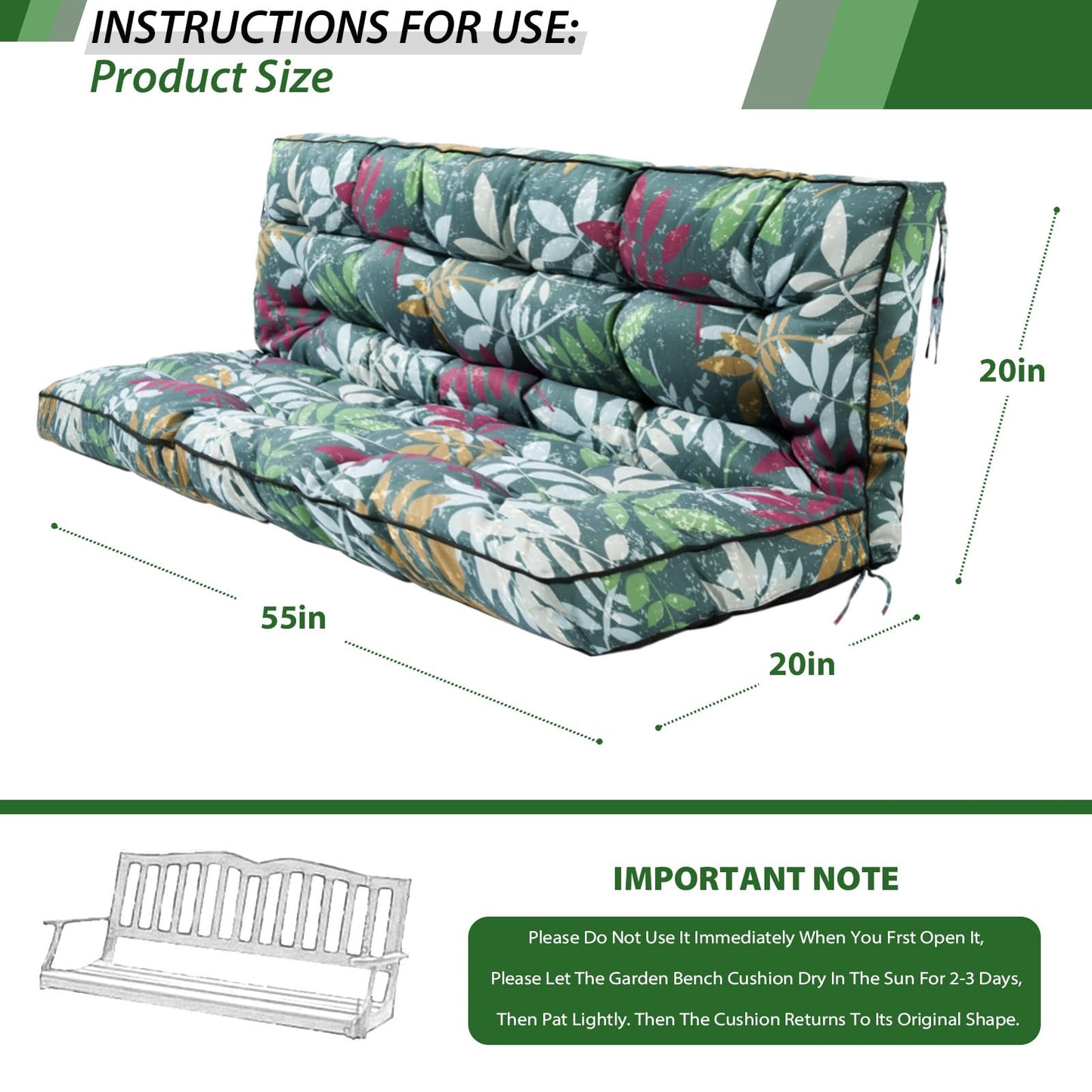 YQNUCO Outdoor Swing Cushions, Waterproof Porch Swing Cushions 3 Seater Replacement with Backrest, 4" Thicken Bench Cushion with Ties for Backyard, Patio, Lawn and Garden (Green Flowers, 55 inch)