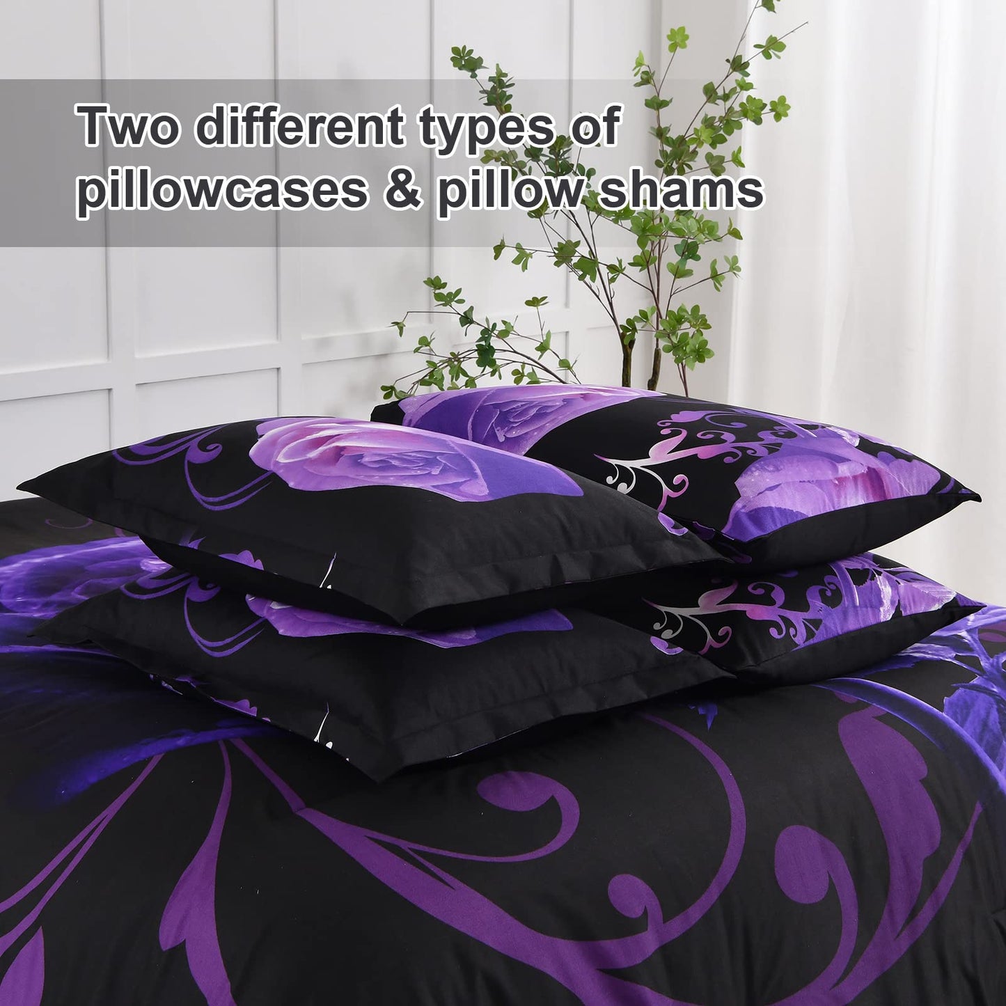Xruibed Floral Comforter Set King 7 Piece Bed in a Bag Purple Rose Flower Comforter with Sheet Set Soft Micorfiber Bedding Set (1 Comforter,2 Pillow Shams,1 Flat Sheet,1 Fitted Sheet,2 Pillowcases)