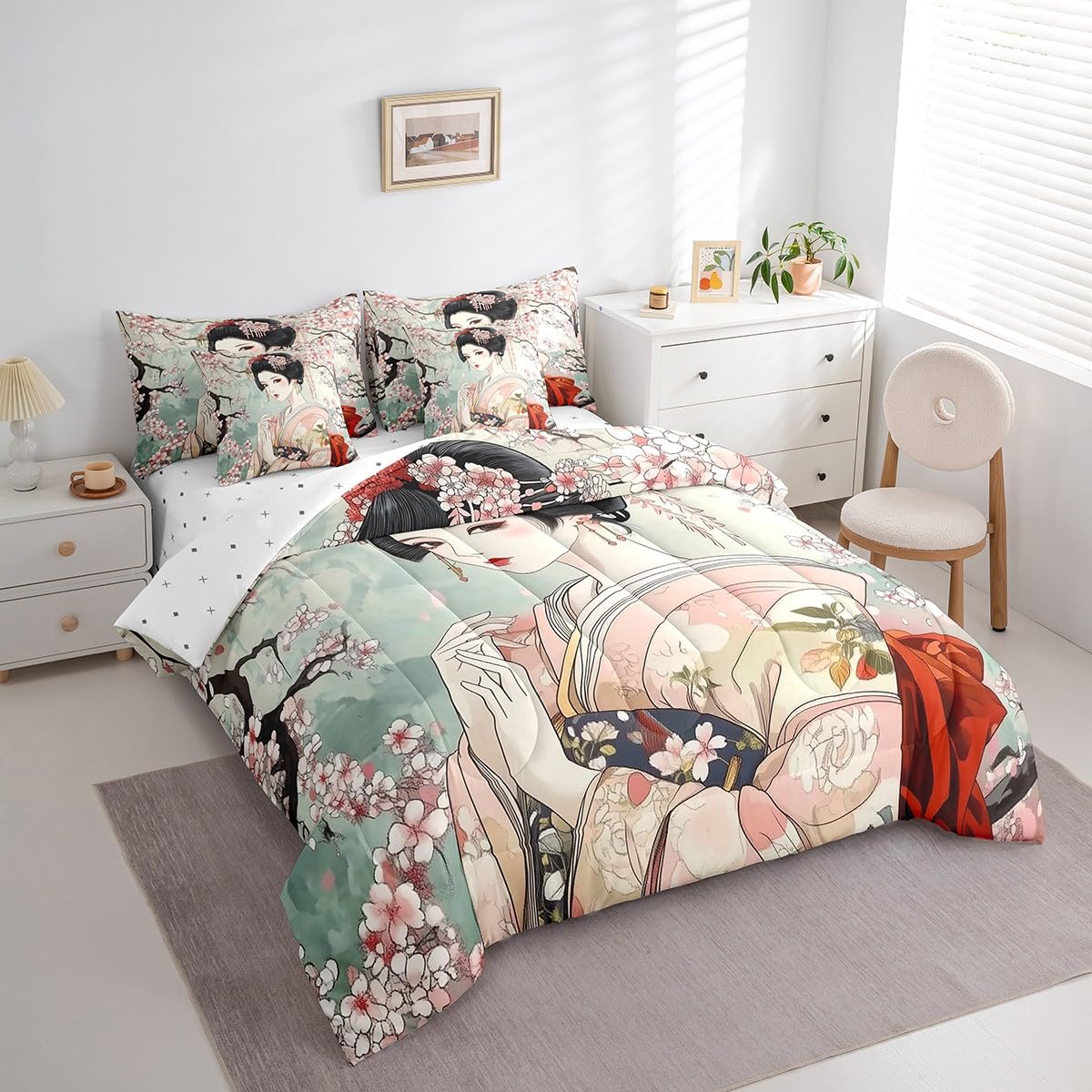 Feelyou Japanese Geisha Girl Comforter Set Twin Size 7 Pieces Cherry Blossoms Bedding Set Japanese Style Japanese Tradition Aesthetic Bed in a Bag with Comforter, Sheets, Pillowcases & Cushion Cover