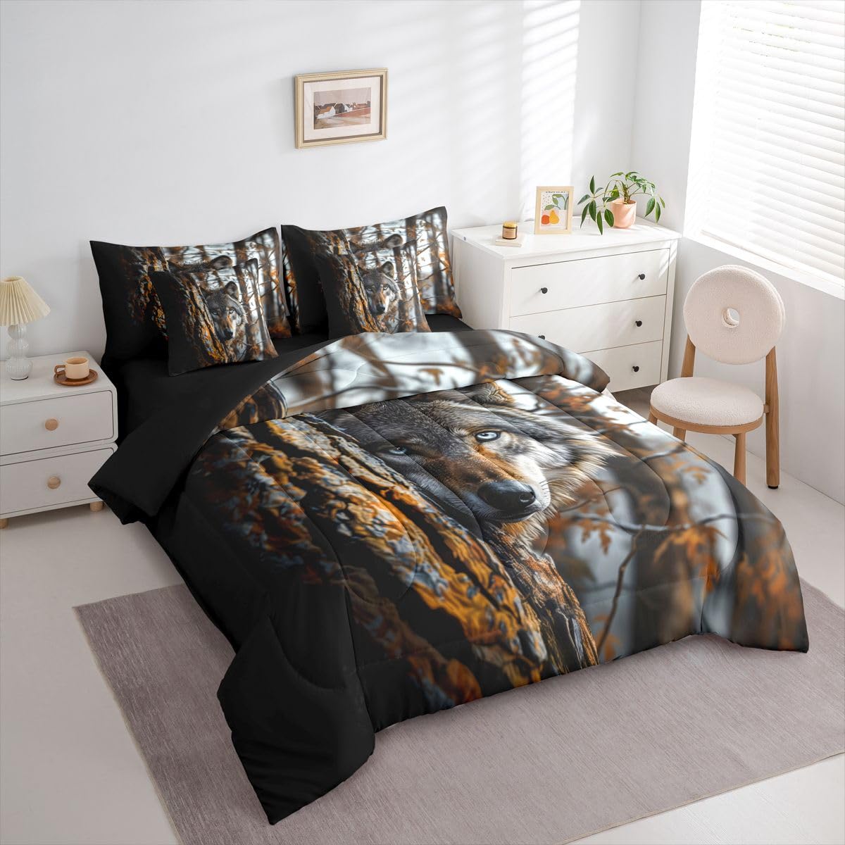Feelyou Wolf Comforter Set with Sheets 7 Piece Queen Size Wolves Howling Bed in a Bag Kids Boys Girls Western Farmhouse Bedding Set Wild Animal Bedroom Decor Breathable Soft Microfiber