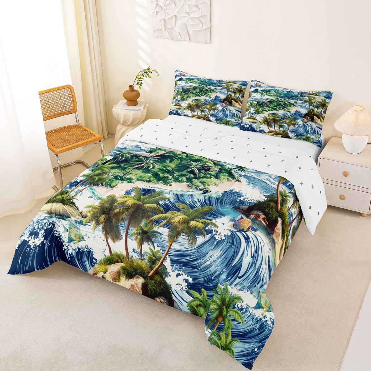 Coconut Tree Comforter Set Queen Size,Tropical Plant Seawave Bed in a Bag 3Pcs for Kids Teens Woman Room Decor,Hawaii Ocean Beach Theme Quilted Duvet,Blue and Green Down Comforter,2 Pillowcases