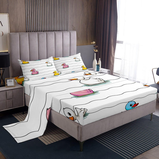 Erosebridal Cartoon Duck Sheet Set for Kids Boys Girls,Colorful Duck Bed Sheets Full,Cute Hand Drawn Duck Wave Lines Bedding Set,Lovely Farmhouse Animal Fitted Sheet + Top Sheet + 2 Pillowcases