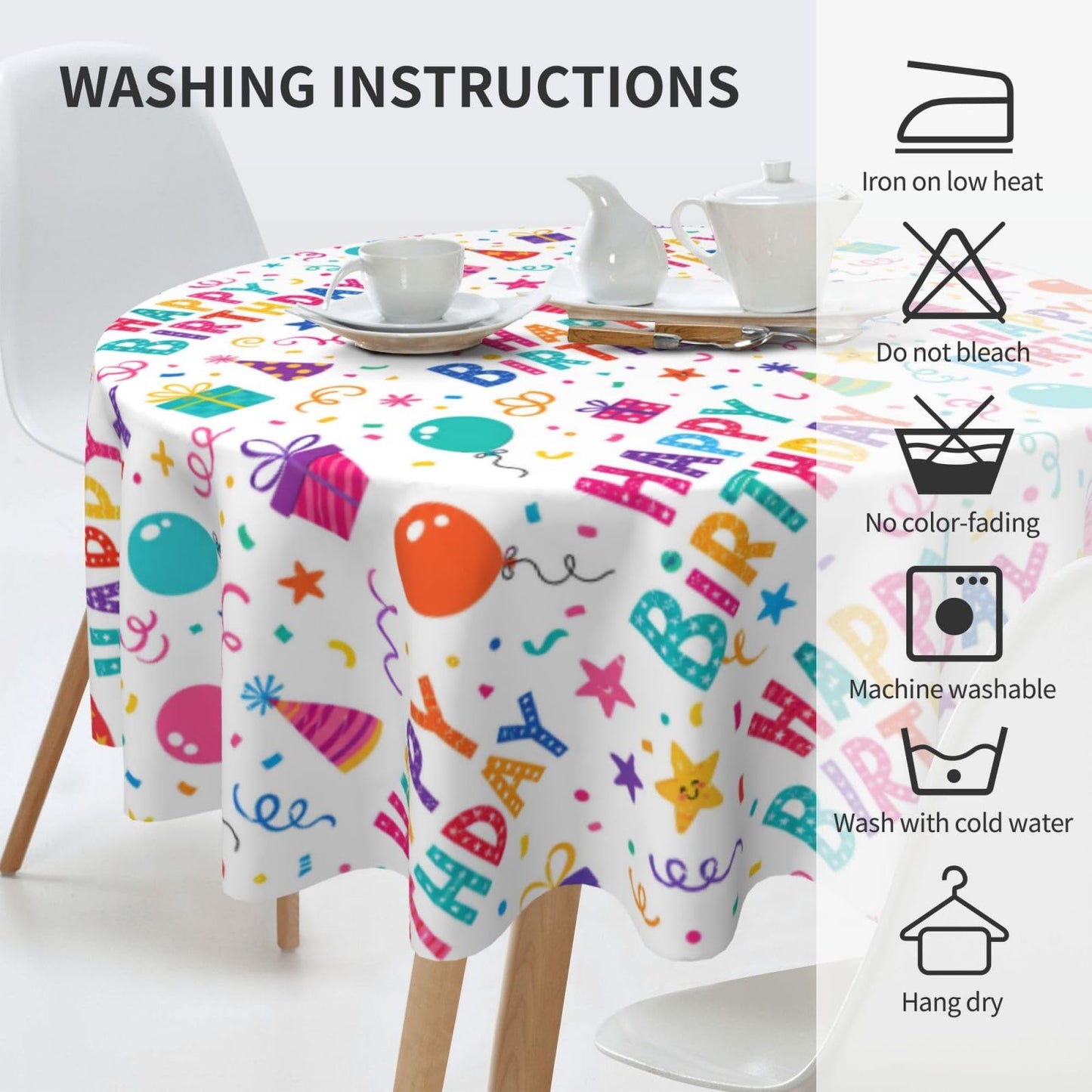 mutakin Happy Birthday Tablecloth Round Table Cloth Washable Rustic Table Cover for Decoration Kitchen Dining Room 60 Inch