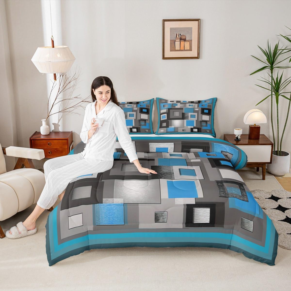 Castle Fairy Modern Comforter Set Queen Size,Blue White Gray Square Bedding Set for Kids Boys Girls Bedroom Decoration,Abstract Grid Art Bed Duvet Insert,Geometric Comforter with 2 Pillowcase